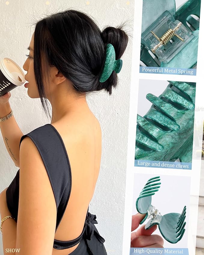 4Pcs Large Hair Claw Clips - Acrylic Big Hair Clips for Thick Hair Strong Hold Hair Jaw Clips Non-slip Banana Hair Barrettes Clips for Women Girls (Gray+Green+Black+Orange)