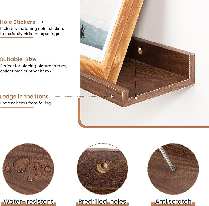 Fun Memories Picture Ledge Shelves Set of 2, 32 Inch Rustic Wall Mounted Floating Shelves with Lip for Home Storage and Décor in Bathroom, Kitchen, Nursery, Bedroom, Living Room, Walnut