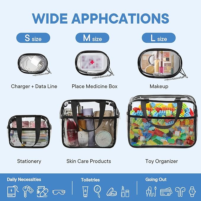 XEWEA Clear Travel Toiletry Bags & Small Electronic Accessories Organizer Case, 6 PCS TSA Approved Transparent Makeup Bag for Women Men, Waterproof PVC Quart Pouch with Zipper for Airline Essentials