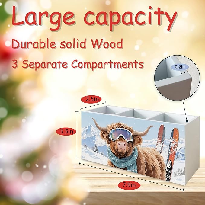 Winter Skiing Highland Cow Pen Pencil Holder Organizer for Desk, Cow Lovers Gifts, Western Cattle Snowy Mountain Wood Cooking Kitchen Utensils Utensil Organizer Holder Decor