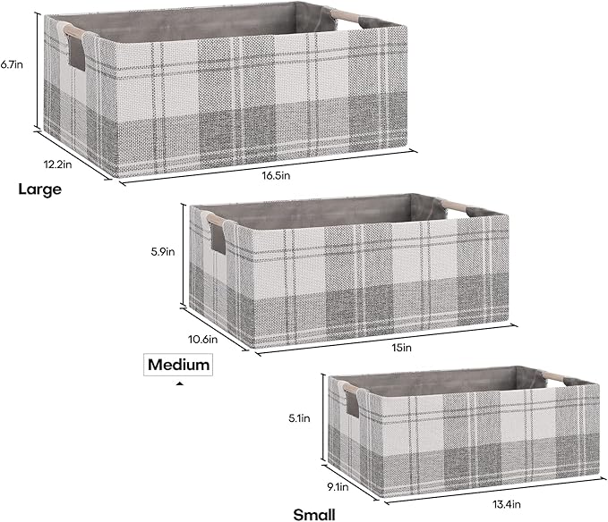 Fabric Storage Bin Box Collapsible Cotton Linen Storage Cube with Wooden Handles Rectangular Decorative Home Organizer Clothes Blanket Basket– Light Gray Plaid, Medium