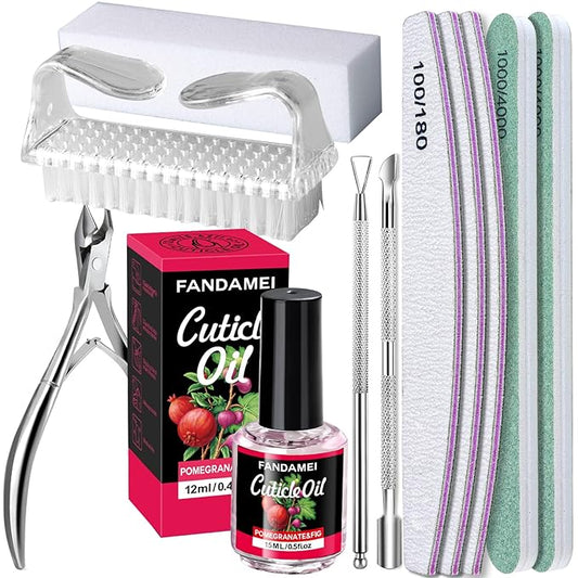 FANDAMEI Nail Files and Buffers, Nail Care Kit with Cuticle Nipper, Pusher, Peeler. Nail File, Nail Buffer Block. Cuticle Oil Pomegranate for Cuticle Remover