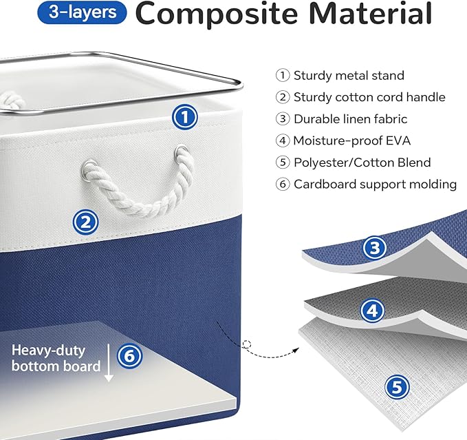 VQRTEXA 13 x 13 Inch Cube Storage Bins, 6 Pack Fabric Storage Basket with Handles, Foldable Boxes Organizer for Shelf Baskets for Home, Clothes (White/Blue)