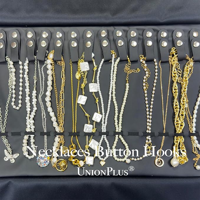 UnionPlus Travel Jewelry Roll, Faux Leather Necklaces Organizer Bag, Elastic Band and Anti-winding, Black