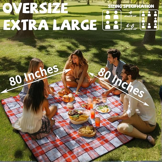 Extra Large Picnic Blankets Portable 80x80 Oversized Waterproof Sandproof Outdoor Beach Blanket Camping Grass Mat Travel Essential Camper Accessories Glamping Items Hiking Supplies Hiker Necessities