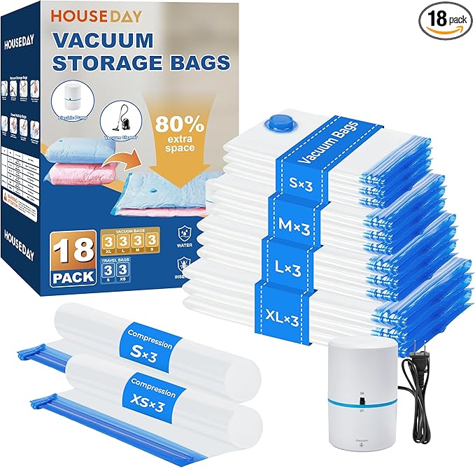 HOUSE DAY 18 Pack Vacuum Storage Bags with Electric Pump, Valve, Space Saver Vacuum Seal Bags for Clothing, Comforters, and Travel Essentials 3 Jumbo, 3 Large, 3 Medium, 3 Small/3 Small, 3 XS Roll-Up Bag