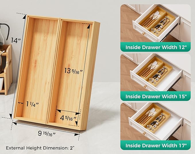 Bamboo Kitchen Drawer Organizer Boxes – 14" x 5" Stackable Wood Silverware Utensil Tray for Drawers, Cutlery & Flatware Storage – Wooden Organizers Set of 2 for Junk Drawer Bins, Bathroom, RV