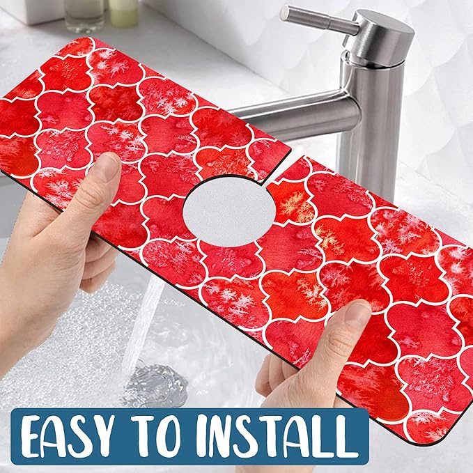Watercolor Moroccan Marbled Kitchen Sink Splash Guard Faucet Mat Red Tiles Super Absorbent Fast Drying Mat Sink Splash Guard Behind Faucet for Kitchen Bathroom, 15.5"x5.5"