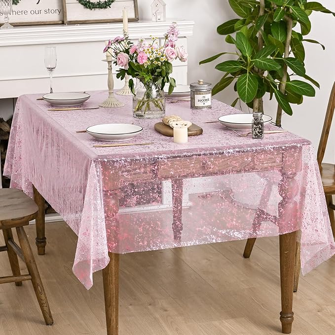 Horaldaily Pink Gold Gauze Tablecloth 52x70 Inch Rectangular, Pink Sequin Glitter Metallic Foil, Sheer Tulle Cheesecloth for Wedding Baby Shower Ceremony Birthday