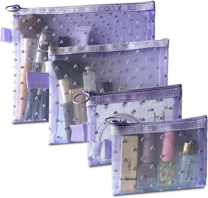 4-Piece Heart Printed Mesh Makeup Bag Set, Portable Travel Cosmetic Bags Toiletry Bags Makeup Purse Bags Zipper Storage Pouches for Home Offices Travel Accessories (Light Purple)