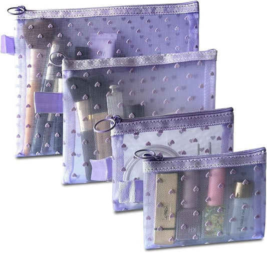 4-Piece Heart Printed Mesh Makeup Bag Set, Portable Travel Cosmetic Bags Toiletry Bags Makeup Purse Bags Zipper Storage Pouches for Home Offices Travel Accessories (Light Purple)