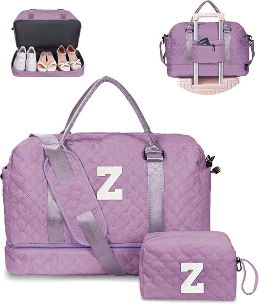 Initial Gifts, Personalized Weekender Bag with Shoulder Strap, Monogram Overnight Bag for Women Wet Pocket, Letter Travel Bag with Makeup Bag Gifts for Family Birthday Gifts (Letter Z)