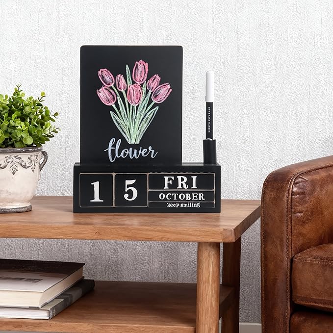 SELEAD Wooden Block Desk Calendar with Chalk Board - Daily Desktop Perpetual Calendar Words Sign Quotes for Home Office Classroom Decor, Teachers Students - Black