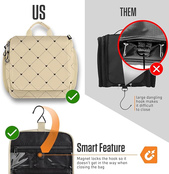 VENTURE 4TH Hanging Travel Toiletry Bag for Women & Men – Large Toiletry Organizer with 17 Compartments, Removable TSA Pouch, Travel Wash Bag for Toiletries, Makeup & Shaving Kit (Beige Diamonds)