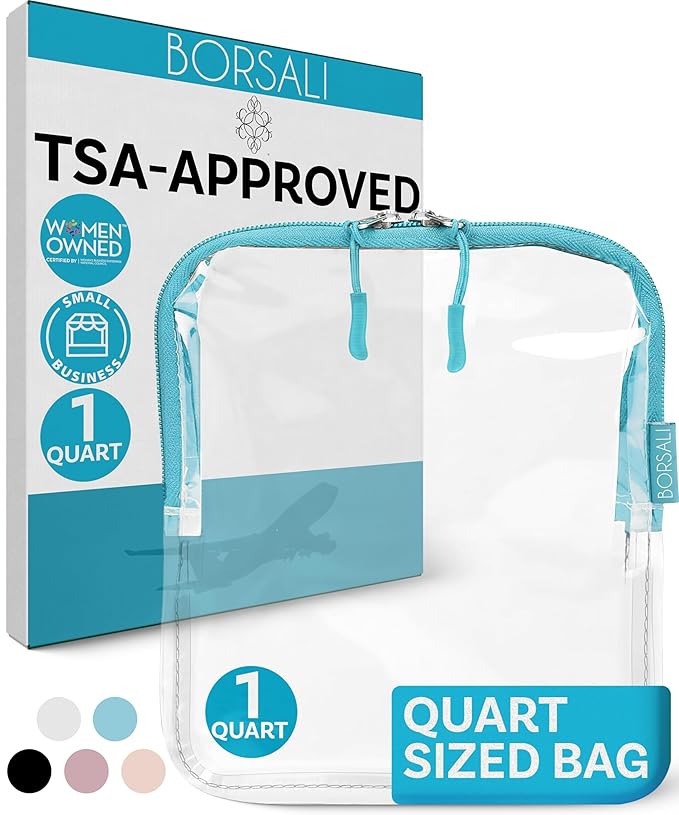 BORSALI TSA Approved Toiletry Bag - Clear Quart Size for 3-1-1 Carry On Travel - Makeup Organizer Cosmetic Pouch with Zipper - Travel Accessories - Light Blue