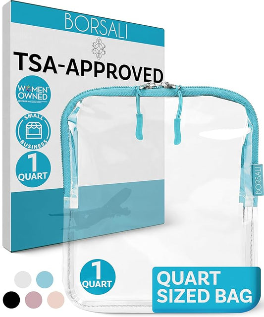 BORSALI TSA Approved Toiletry Bag - Clear Quart Size for 3-1-1 Carry On Travel - Makeup Organizer Cosmetic Pouch with Zipper - Travel Accessories - Light Blue