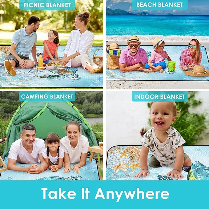 Waterproof Picnic Outdoor Blanket, 79" x 59" Sandproof Foldable Large Picnic Blanket for Beach, Camping, Park, Travel, Concert, Great Gift for Families and Couples (Blue Cute Turtle)