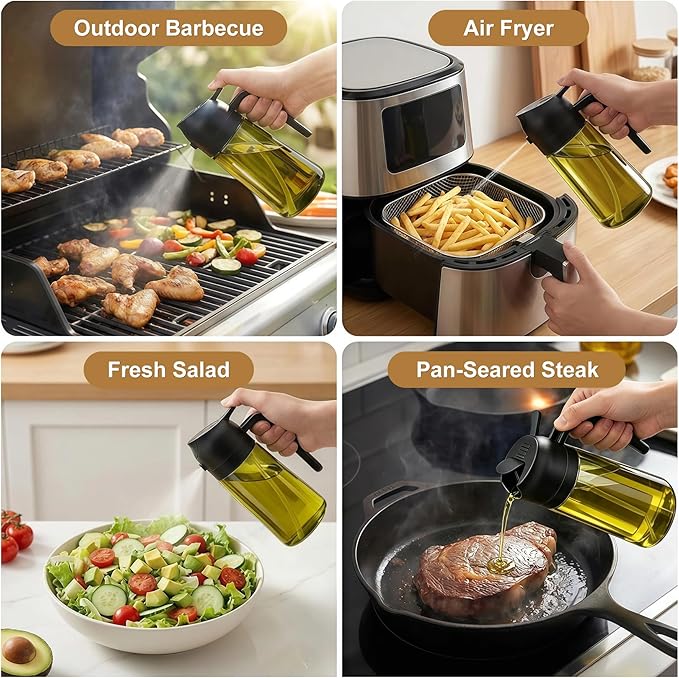 Poshetion 2 in 1 Olive Oil Sprayer for Cooking, 16oz Light-Proof Oil Dispenser for Kitchen, Leak-Proof Oil Spray Bottle for Air Fryer, Salad, BBQ, Baking, Grilling - Black & Black
