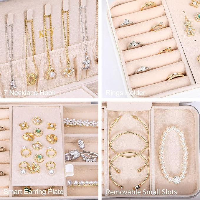 KCY Jewelry Box for Women Girls,Small Travel Jewelry Organizer Case,PU Leather Portable Jewellery Storage Boxes Display Holder for Ring Earrings Necklace Bracelet Bangle, Men Teen Kids Gift, White