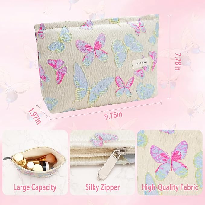 ZLFSRQ Butterfly Makeup Bag for Women Cute Cosmetic Bag Large Colorful Travel Toiletry Bags Embroidery Zipper Makeup Pouch for Purse Aesthetic Skincare Storage Organizer Gift Portable Toiletry Bags