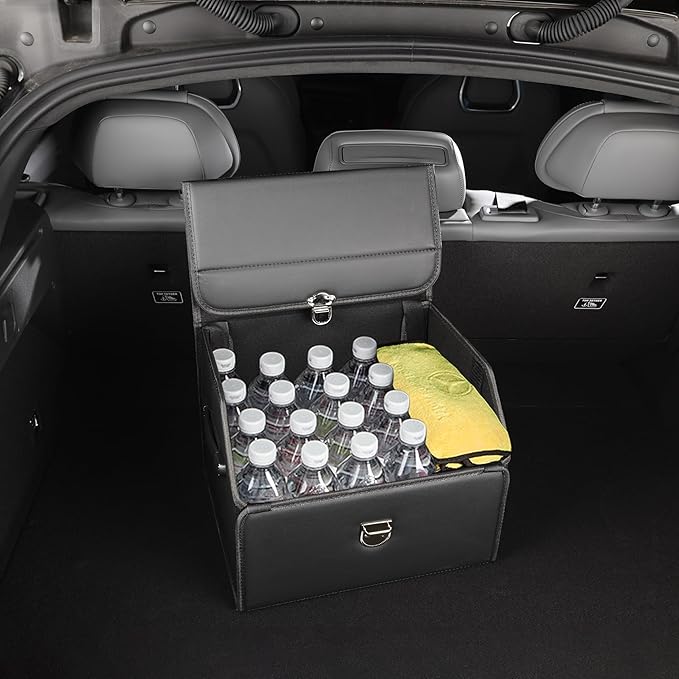 POKSRI Trunk Organizer,car organizers and storage,black Leather Storage Box with lid,Fiberboard,Collapsible,15''L x 13''W x 12.4''H,2K inches³(size A)