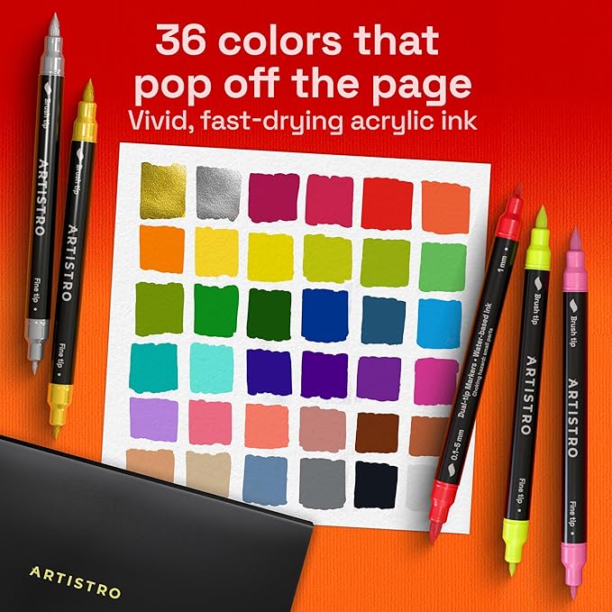 ARTISTRO 36 Acrylic Paint Markers - Paint Pens for Drawing, Brush + Fine Tips - For Fabric, Rock, Glass, Wood, DIY - Art & Craft Supplies for Adults, Teens, Kids - Teacher Appreciation Gift