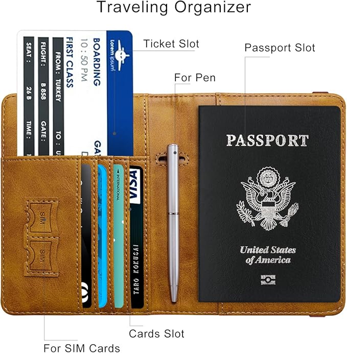 WALNEW Passport Holder for Travel, RFID Passport Cover Wallet for Women Men, PU Leather Passport Book Card Holder Case with Pen (Elastic Band Closure, AA-Brown+Blue)