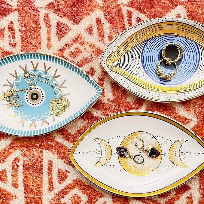 Exquisite Small Ceramic Jewelry Tray - Trinket Dish Evil Eye Decor, Gold Plate Ring Holder, Modern Boho Home Essentials, Perfume Organizer, Witchy, Aesthetic Room Decor (Blue)