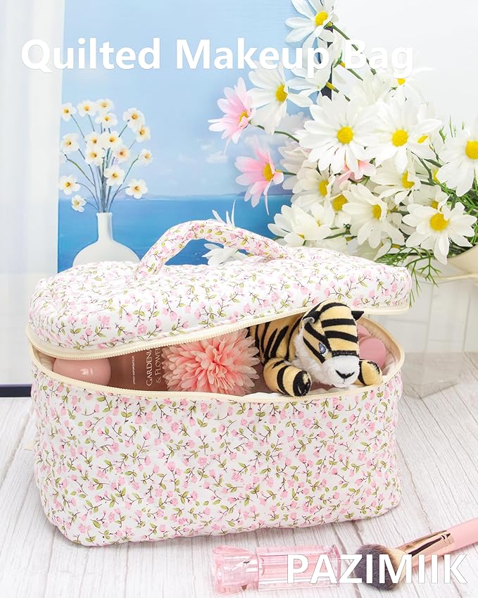 Quilted Makeup Bag Large Travel Zipper Soft Cosmetic Case for Women Girls Make Up, Floral Pink