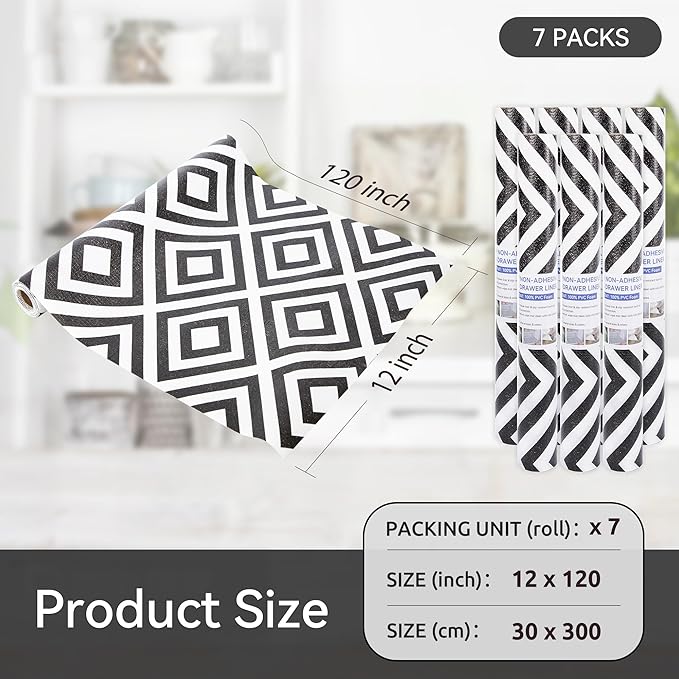 FIFTY FEET 12"x120" Non-Adhesive Shelf Liner for Kitchen Cabinets and Drawers, Washable Non-Slip PVC Cabinet Liner (Black Plaid)(7 Roll)