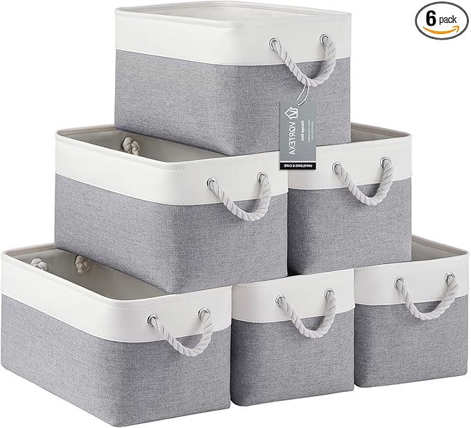 VQRTEXA Large Storage Baskets - 15x11x10 inch Storage Bins for Shelves and Closet Organizing, Foldable Fabric Bin for Home Organization, Clothes and Laundry (6-Pack, White&Gray)