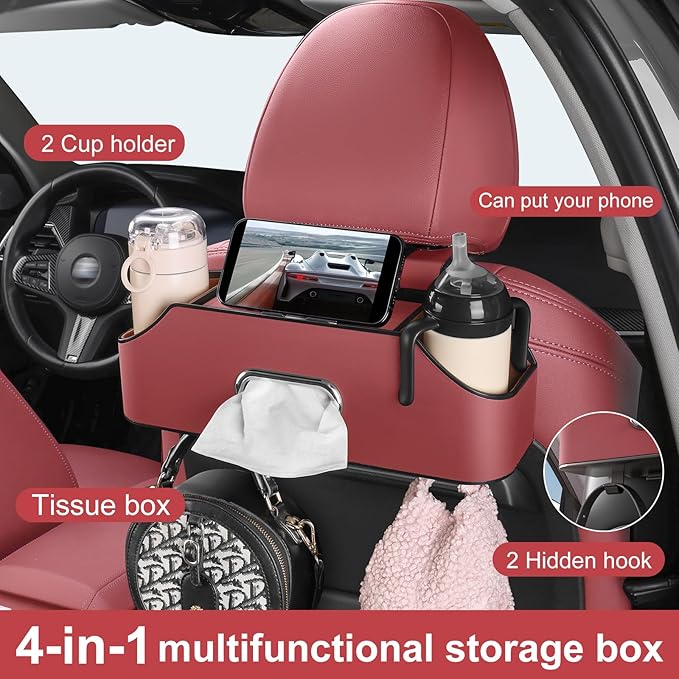 Sancaral Car Rear Backseat Extra Multifunctional Drink Cup Holder Organizers with Tissue Storage Box Organizer & Hooks for Car Seat Back. Red