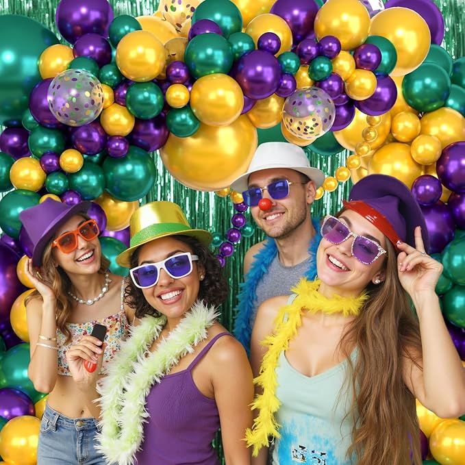 Amandir 153pcs Mardi Gras Decorations Balloons Arch Garland Kit, Different Sizes 18 12 10 5inch Pearl Purple Green Gold Confetti Mardi Gras Balloons for Fat Tuesday Carnival Birthday Party Supplies