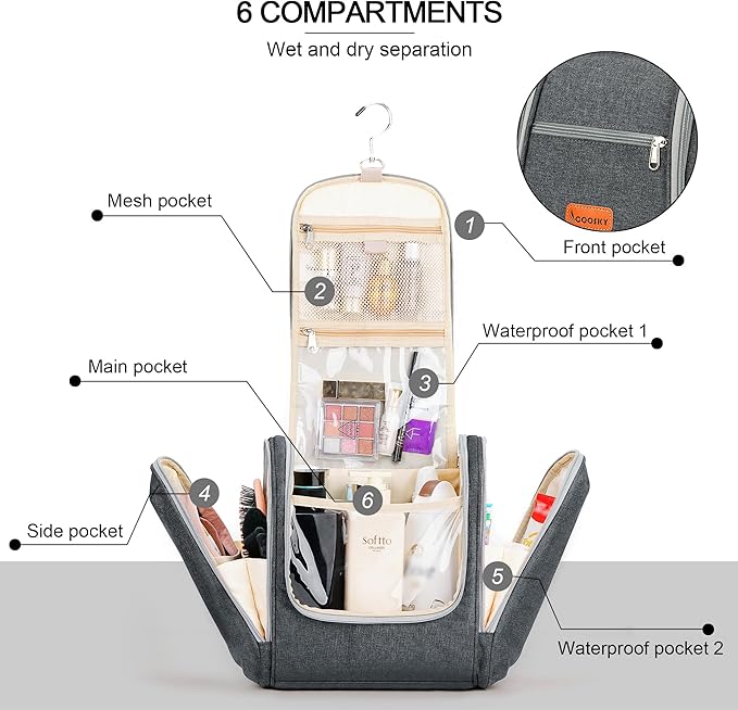 Hanging Toiletry Bag for Women & Men, Cruise Ship Travel Essentials, Holds Full-Size Shampoo, with Dry and Wet Separation Cosmetic Bag, Makeup Organizer Bag, Bathroom Water-Resistant Bag, Grey
