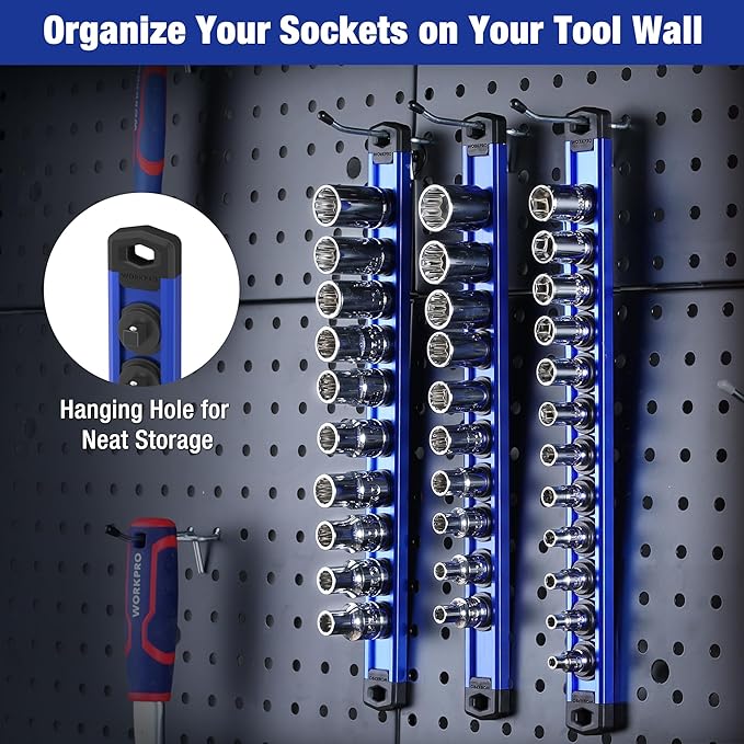 WORKPRO Magnetic Socket Organizer, 1/2-Inch Drive Aluminum Alloy Socket Rail, Heavy Duty Socket Holder, Socket Rack Kit 1/2-Inch x 10 Clips (Blue)