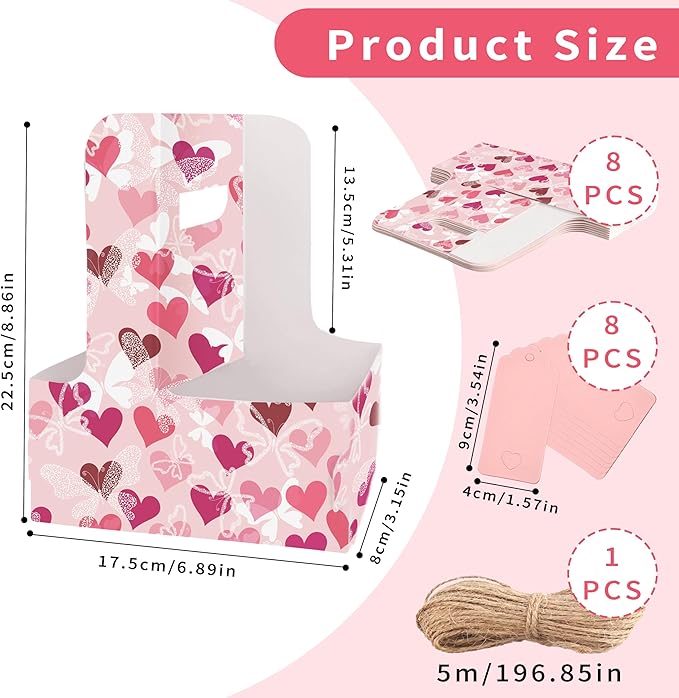 8 Set Drink Carrier,Cardboard Cup Holder with Love, Coffee Cup Holder with Handle,Coffee Carrier with Greeting Card and Ribbon for Valentine's Day Gifts Party Gift,Pink
