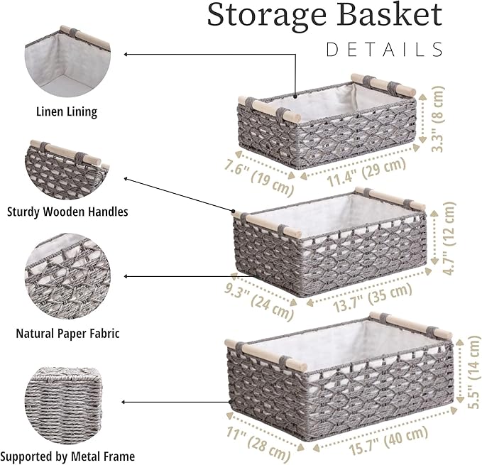 DECOMOMO Toilet Tank Basket, Wicker Storage Bins for Countertop, Toilet Top Organizer, Back of Toilet Basket, Pantry, (Grey, Set of 3)