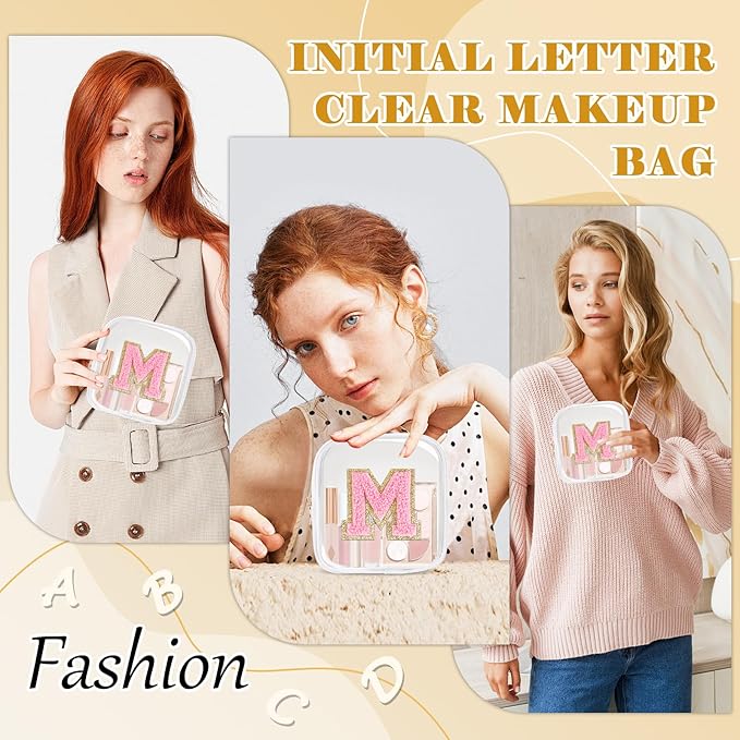 Personalized Initial Letter Clear Preppy Makeup Bag,Mini Nylon Chenille Letter Cosmetic Bag Cute Zipper Pouch Purse for Teen Girls,Portable TSA Approved Beach Travel Essentials Bag Gift for Women,M