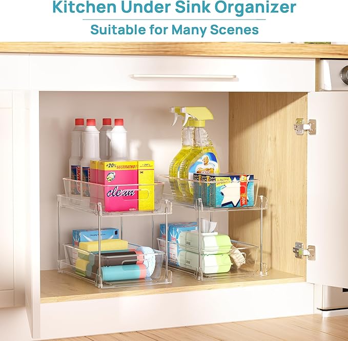 Vtopmart 4 Pack Bathroom Organizer, 2 Tier Clear Under Sink Organizers Vanity Countertop Storage Container, Cabinet Drawers Bins, Pull-Out Organization with Track for Pantry, Kitchen
