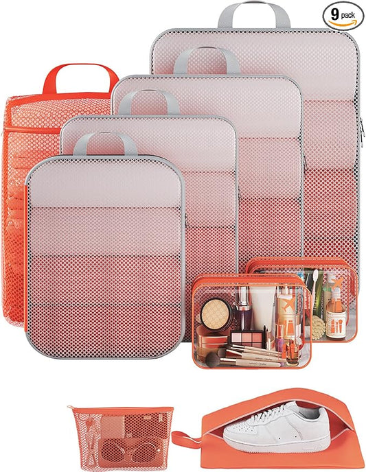 Veken 9/11 Set Compression Packing Cubes for Travel Essentials,Compressible Expandable Large Luggage Suitcase Organizer Bags for Clothing,Durable Space Saver Storage Bags with Toiletry Bags(Orange)
