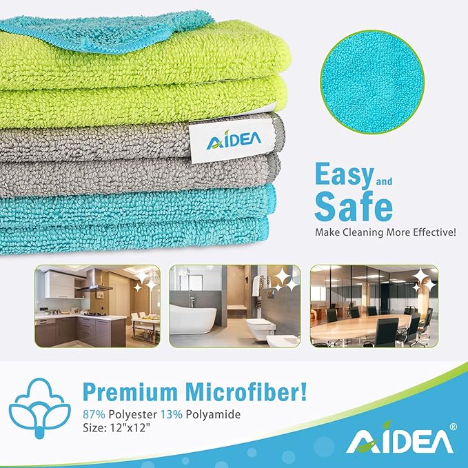 AIDEA Microfiber Cleaning Cloth-24PK, Soft Microfiber Towels for Cars, Absorbent Cleaning Rags, Lint-Free Streak-Free Wash Cloths for House, Kitchen, Window (12in.x12in)