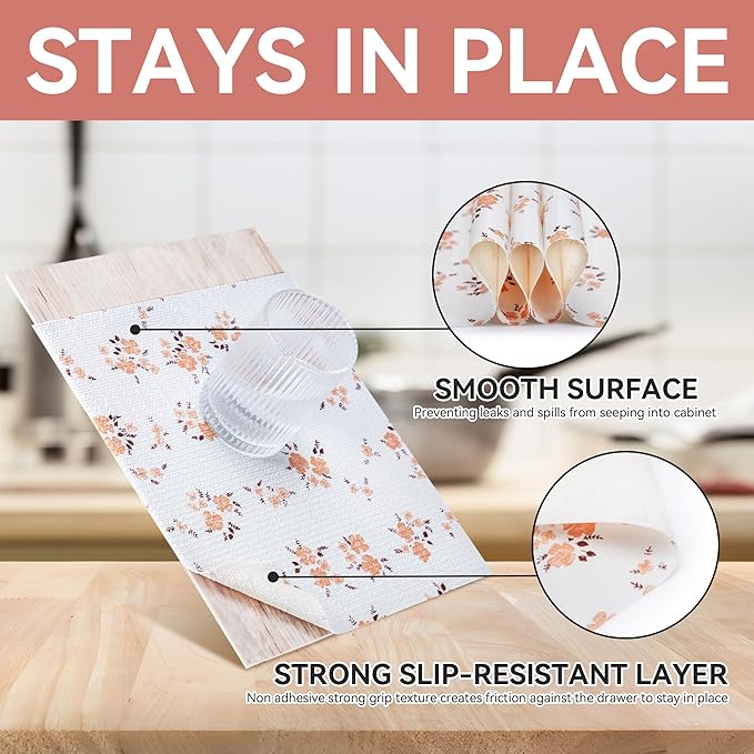 RAY STAR Shelf Liner, Non Adhesive Pink Orange Floral Printed Kitchen Cabinet Liner for Pantry Drawer Vanity, Strong Grip Non Slip, Shelf Liners for Kitchen Cabinets Cupboard 18 Inch x 8 FT (2 Rolls)
