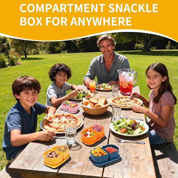 4 Pack 8.5oz 2-Compartment Snack Containers, Kids Snack Container with Leakproof Lids, Small Silicone Bento Box & Fruit Containers for Lunchbox, School, Travel, and Meal Prep