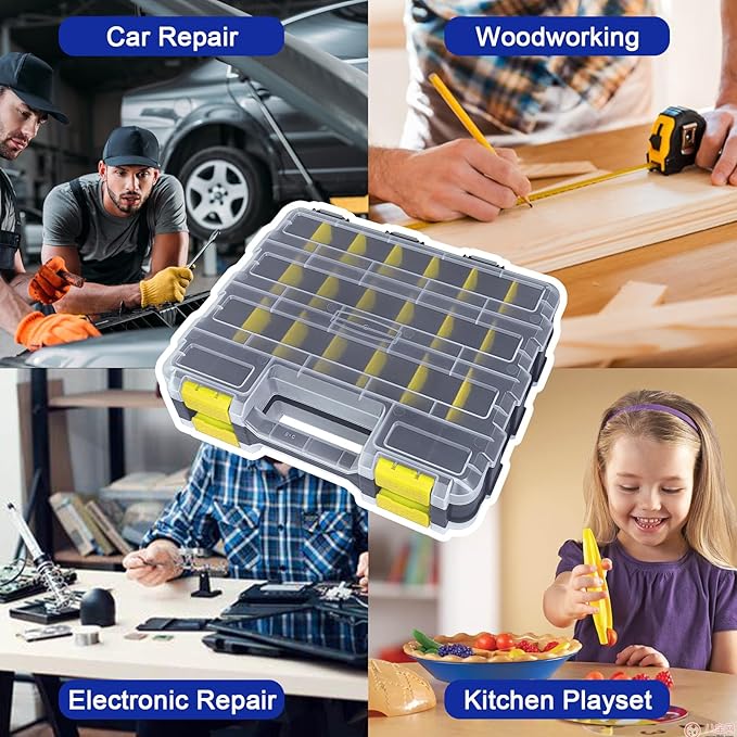 Double Side Tool Box Organizer, Hardware Storage Box, Portable Small Parts Organizer with Removable Plastic Dividers for Screws, Nuts, Nails, Bolts, Yellow