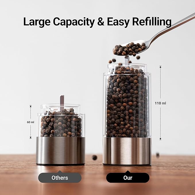 ThermoMaven Electric Salt and Pepper Grinder Set, 110ml Larger Rechargeable Automatic Salt and Pepper Mill Grinder with 6 Adjustable Coarseness, Electric Salt and Pepper Shakers, LED, Midnight Black