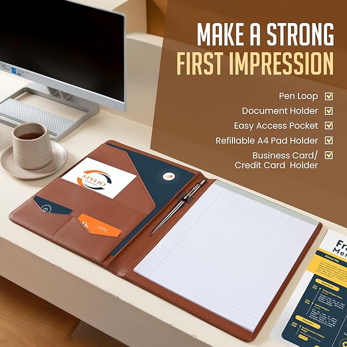 STYLIO Padfolio Portfolio Organizer Binder (Tan Color) | Interview Resume Folder, Document, Business Card Holder |w/Letter-Sized Notepad | Handsome Brown Faux Leather Folio Matte Finish