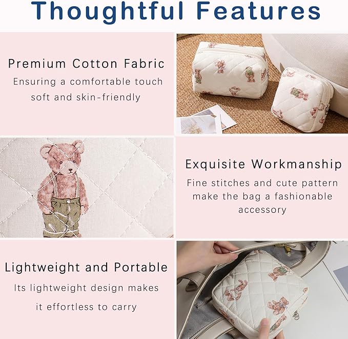 uekeboag 2pcs Small Quilted Cotton Makeup Bag for Purse, Cosmetic Bag with Compartments, Cotton Aesthetic Makeup Bag, Travel Toiletry Pouch, Lipstick Bag Card Holder Data Cable Organizer (Bear Set)