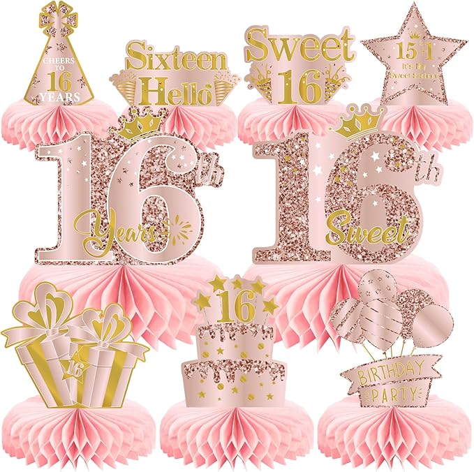 9Pcs 16th Birthday Decorations Pink Rose Gold Honeycomb Centerpieces for Girls,Happy 16th Birthday Table Centerpieces Party Supplies,Sixteen Year Old Birthday Table Toppers Decor