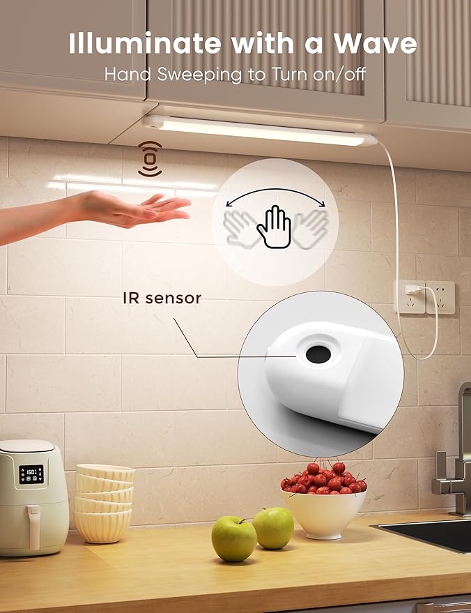 2 Pack Hand Wave Under Cabinet Lights, 16 Inch Plug in Dimmable Kitchen Counter Light Brightness Adjustable Over Sink Lighting, Super Bright LED Lights Motion Sensor Above Stove Lites Under Shelf Lamp