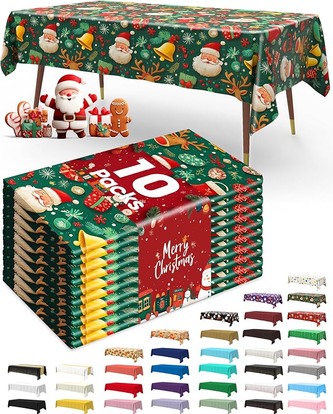 Pureegg Plastic Table Cloth Disposable 10 Pack, 54 x 108 Inch Table Cloths for Parties, Decorative Tablecloths for Rectangle Tables, Christmas Tablecloth Plastic, Leakproof & Sturdy, Christmas Green